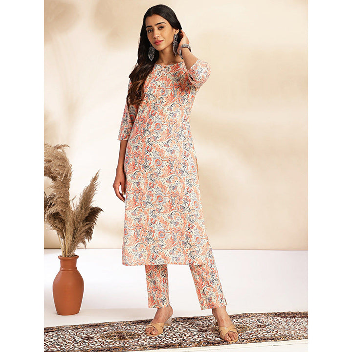 Janasya Womens Beige Cotton Floral Straight Co-Ord (Set of 2)