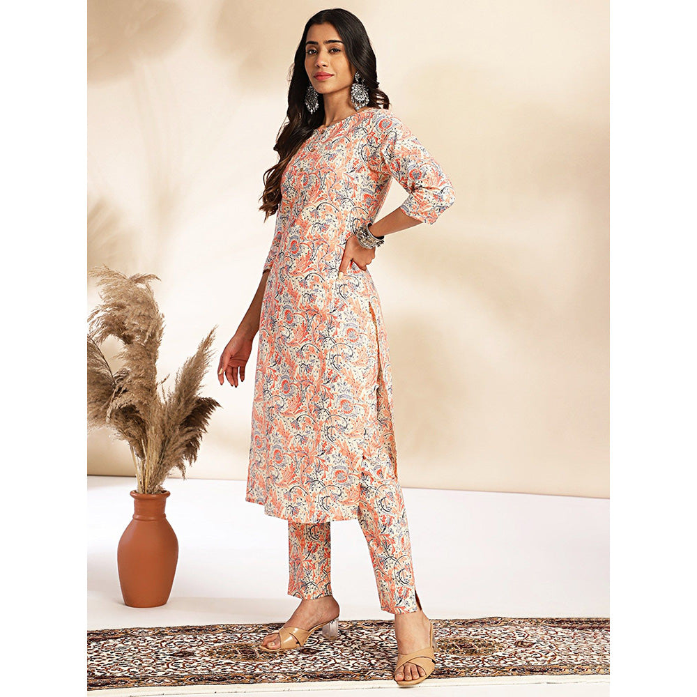 Janasya Womens Beige Cotton Floral Straight Co-Ord (Set of 2)