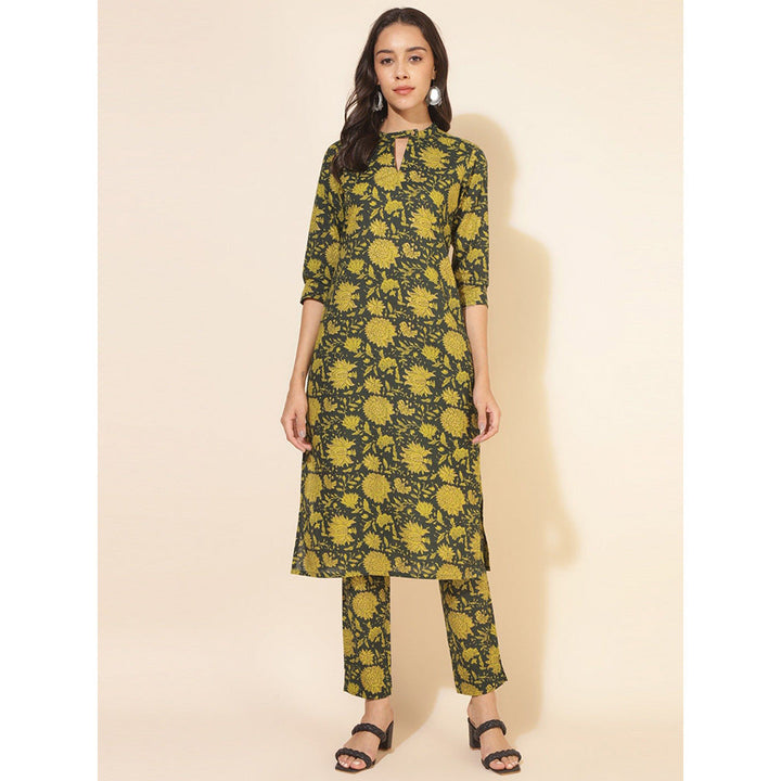 Janasya Womens Dark Green Cotton Floral Straight Co-Ord (Set of 2)