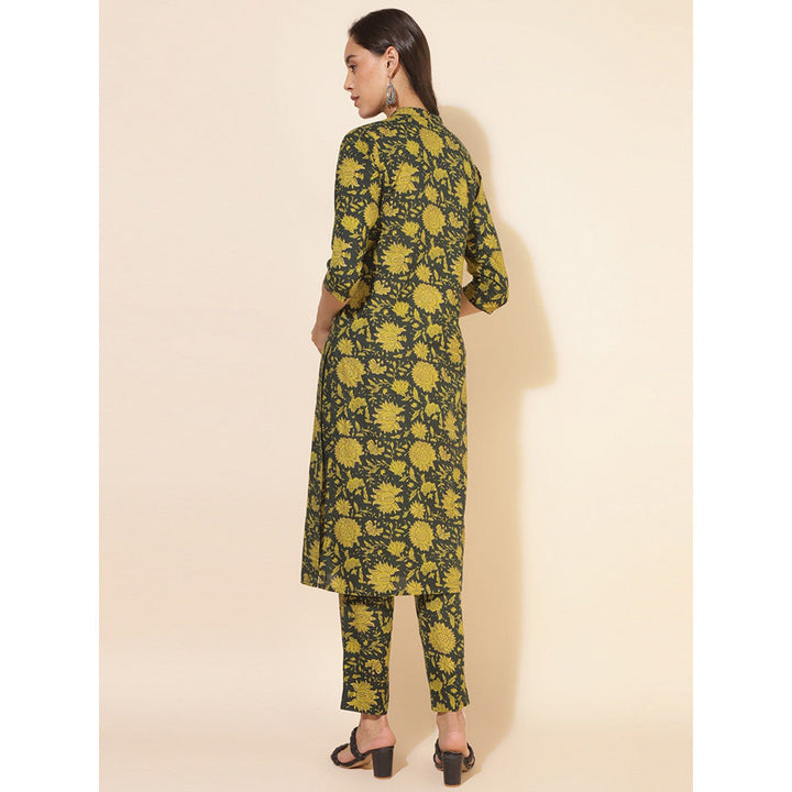 Janasya Womens Dark Green Cotton Floral Straight Co-Ord (Set of 2)