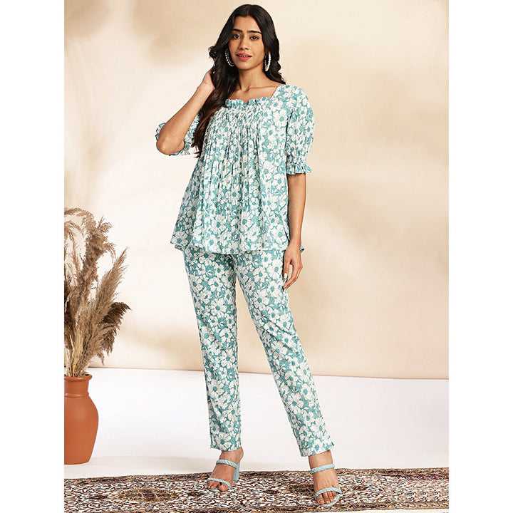 Janasya Womens Blue Cotton Floral A-Line Co-Ord (Set of 2)