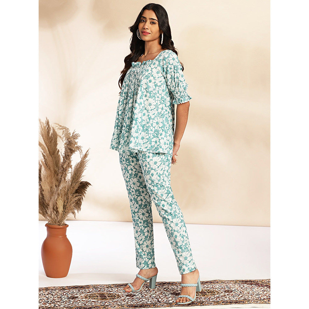 Janasya Womens Blue Cotton Floral A-Line Co-Ord (Set of 2)