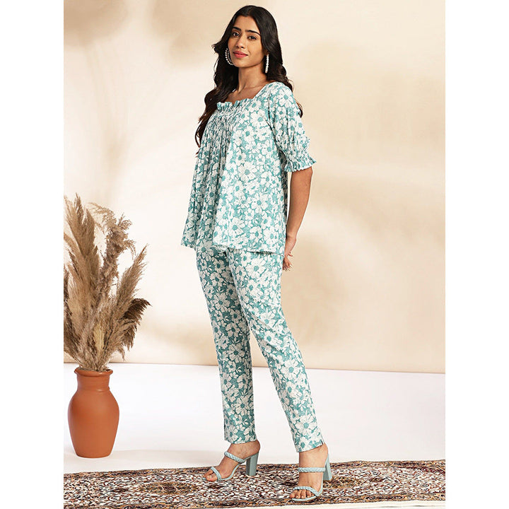 Janasya Womens Blue Cotton Floral A-Line Co-Ord (Set of 2)