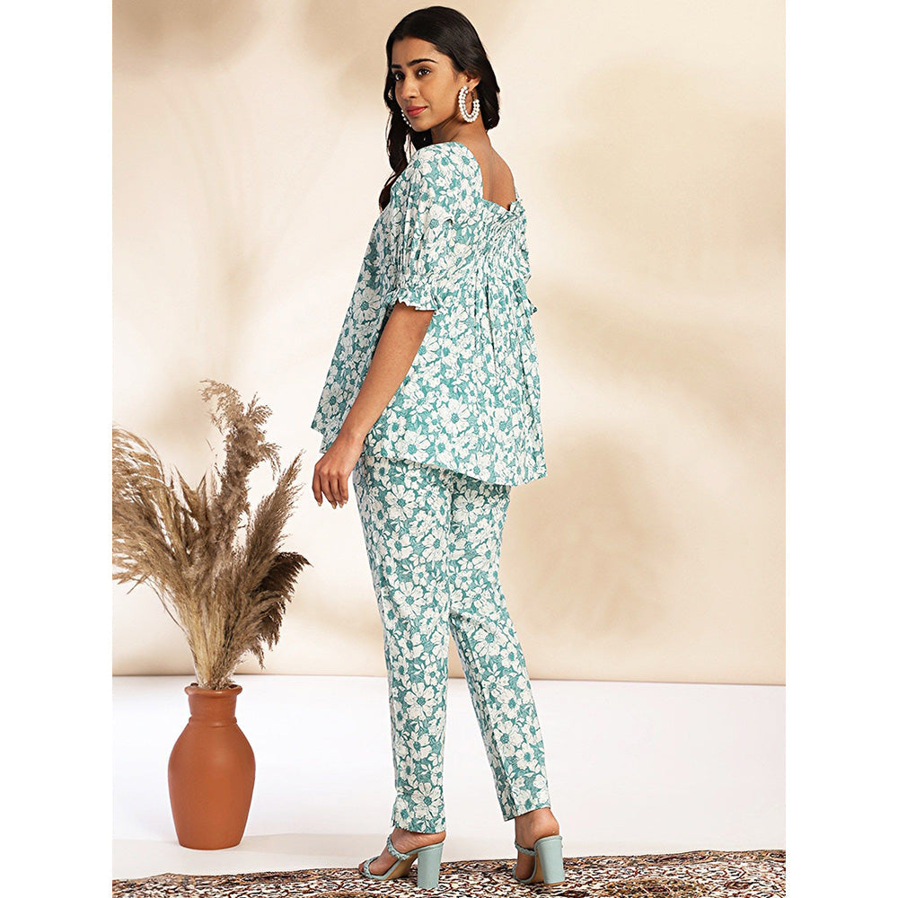 Janasya Womens Blue Cotton Floral A-Line Co-Ord (Set of 2)