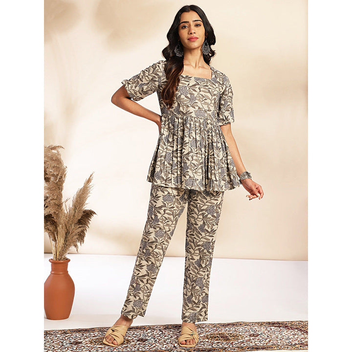 Janasya Womens Brown Cotton Floral Co-Ord (Set of 2)