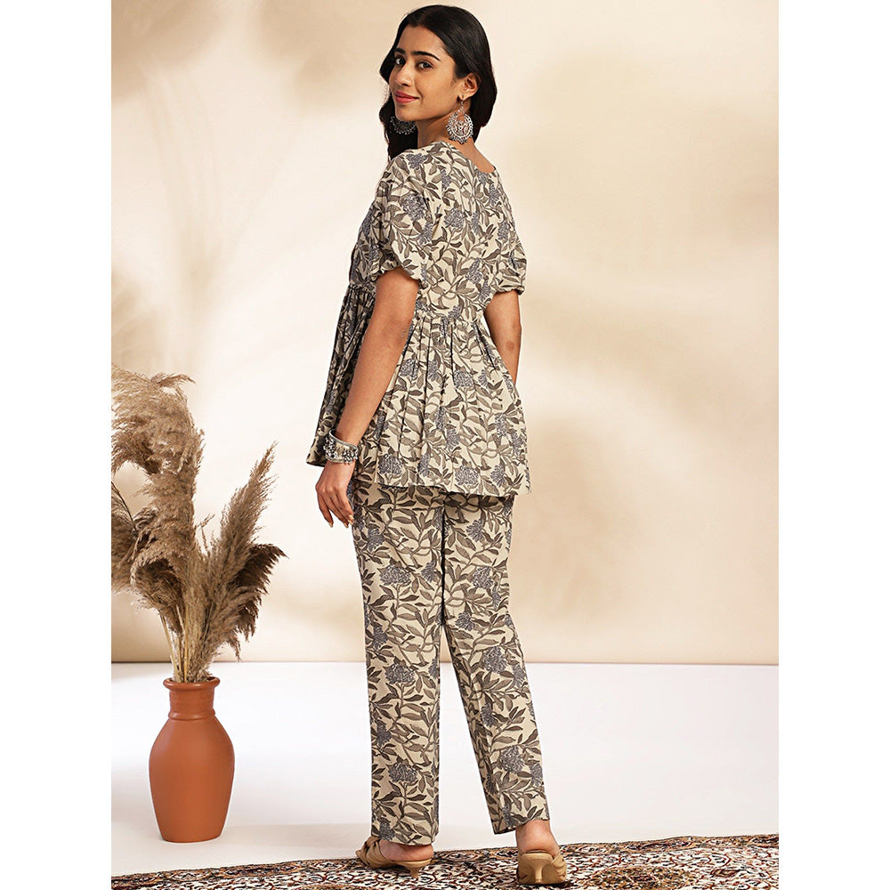 Janasya Womens Brown Cotton Floral Co-Ord (Set of 2)