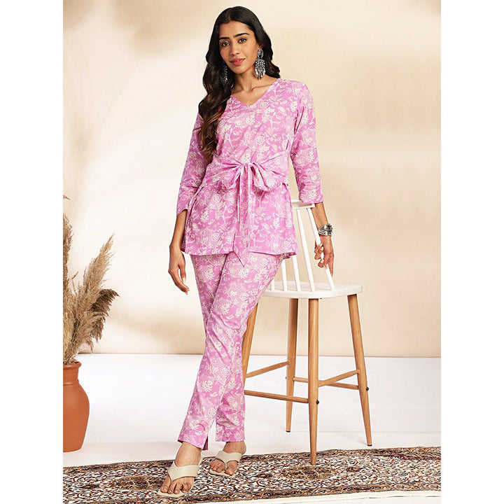 Janasya Womens Pink Cotton Floral Printed Co-Ord (Set of 2)