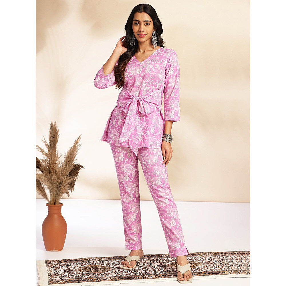 Janasya Womens Pink Cotton Floral Printed Co-Ord (Set of 2)