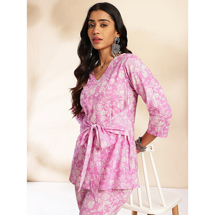 Janasya Womens Pink Cotton Floral Printed Co-Ord (Set of 2)