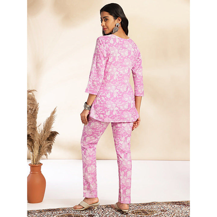 Janasya Womens Pink Cotton Floral Printed Co-Ord (Set of 2)