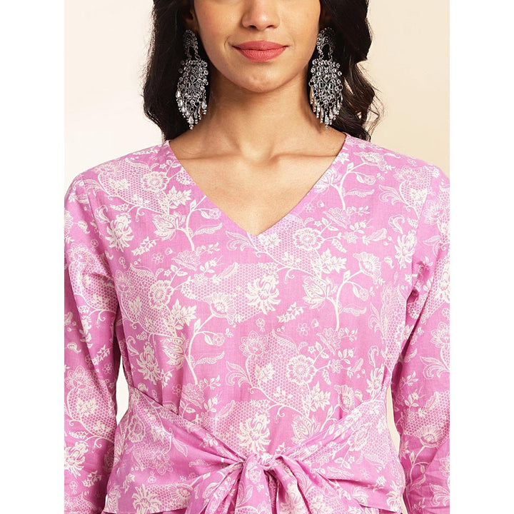 Janasya Womens Pink Cotton Floral Printed Co-Ord (Set of 2)