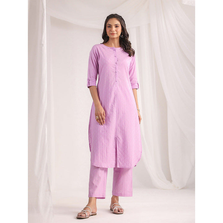 Janasya Womens Lavender Cotton Jacquard Regular Co-Ord (Set of 2)