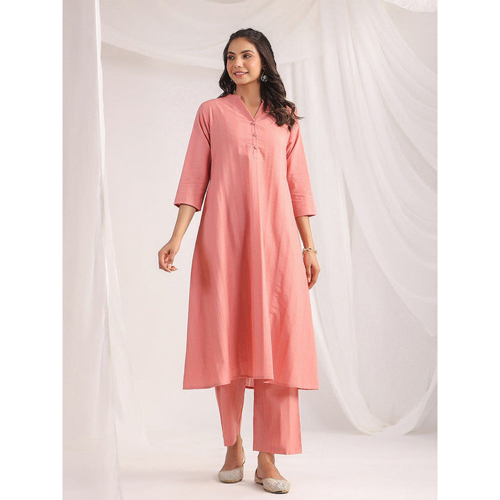 Janasya Womens Peach Cotton Jacquard Self Design A-Line Kurta with Pant (Set of 2)