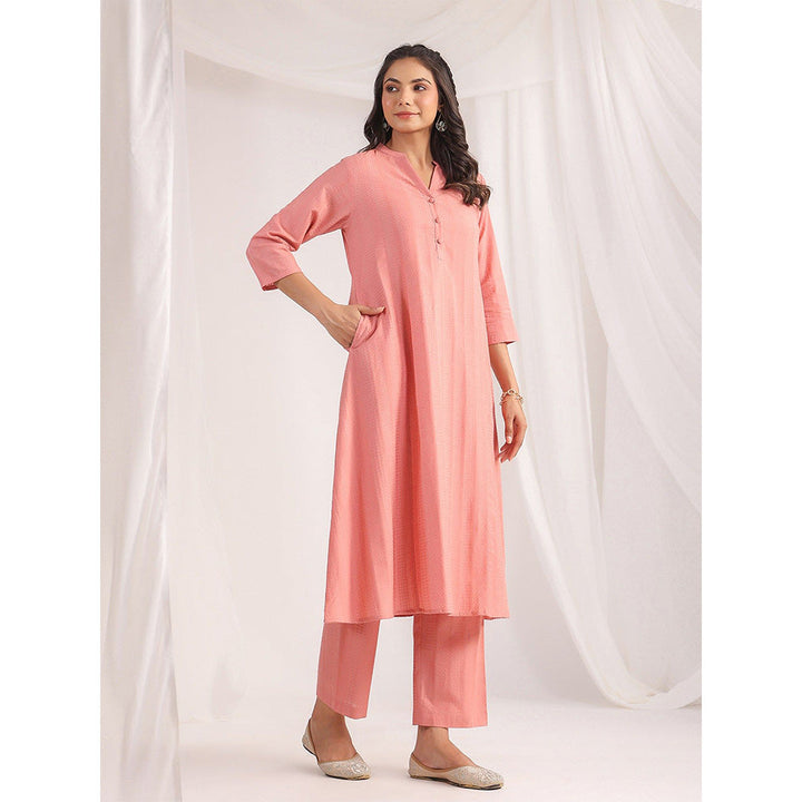 Janasya Womens Peach Cotton Jacquard Self Design A-Line Kurta with Pant (Set of 2)