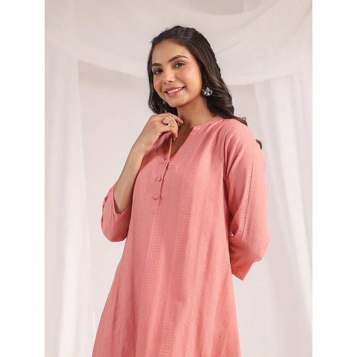 Janasya Womens Peach Cotton Jacquard Self Design A-Line Kurta with Pant (Set of 2)