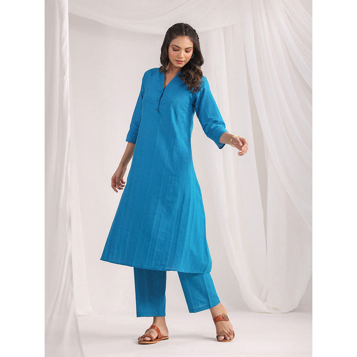 Janasya Womens Blue Cotton Jacquard Self Design A-Line Kurta with Pant (Set of 2)