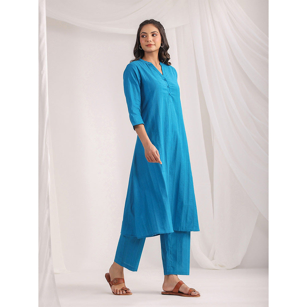 Janasya Womens Blue Cotton Jacquard Self Design A-Line Kurta with Pant (Set of 2)