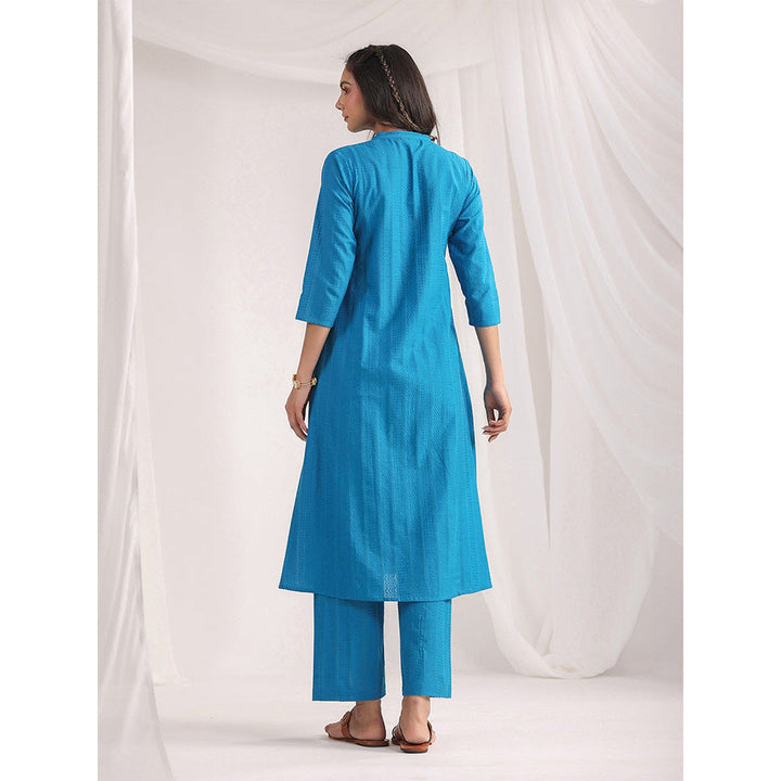 Janasya Womens Blue Cotton Jacquard Self Design A-Line Kurta with Pant (Set of 2)