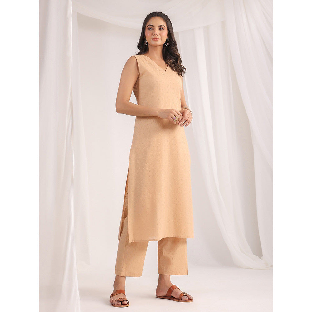 Janasya Womens Beige Cotton Self Design Regular Kurta with Pant (Set of 2)