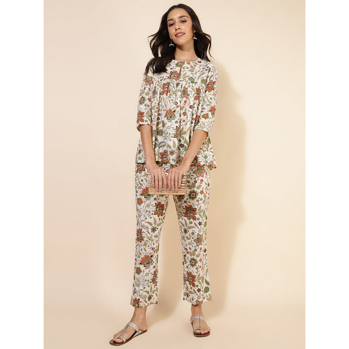 Janasya Womens Off White Cotton Floral Pleated Co-Ord (Set of 2)