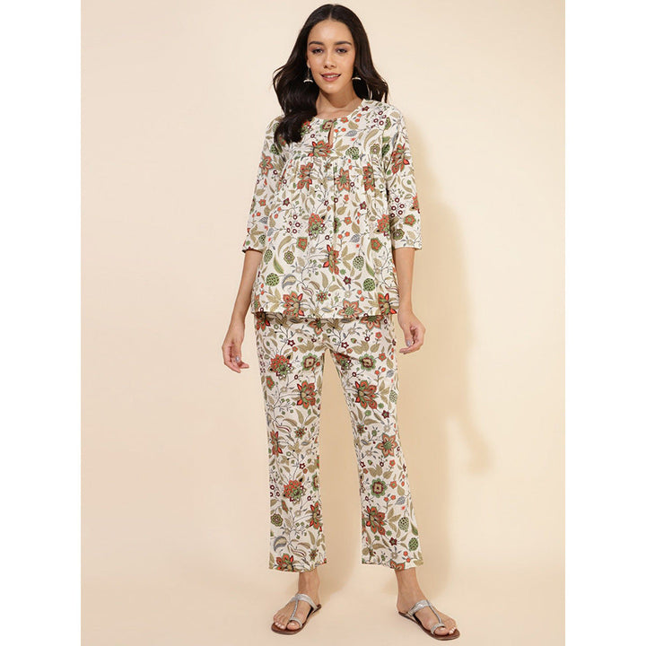 Janasya Womens Off White Cotton Floral Pleated Co-Ord (Set of 2)