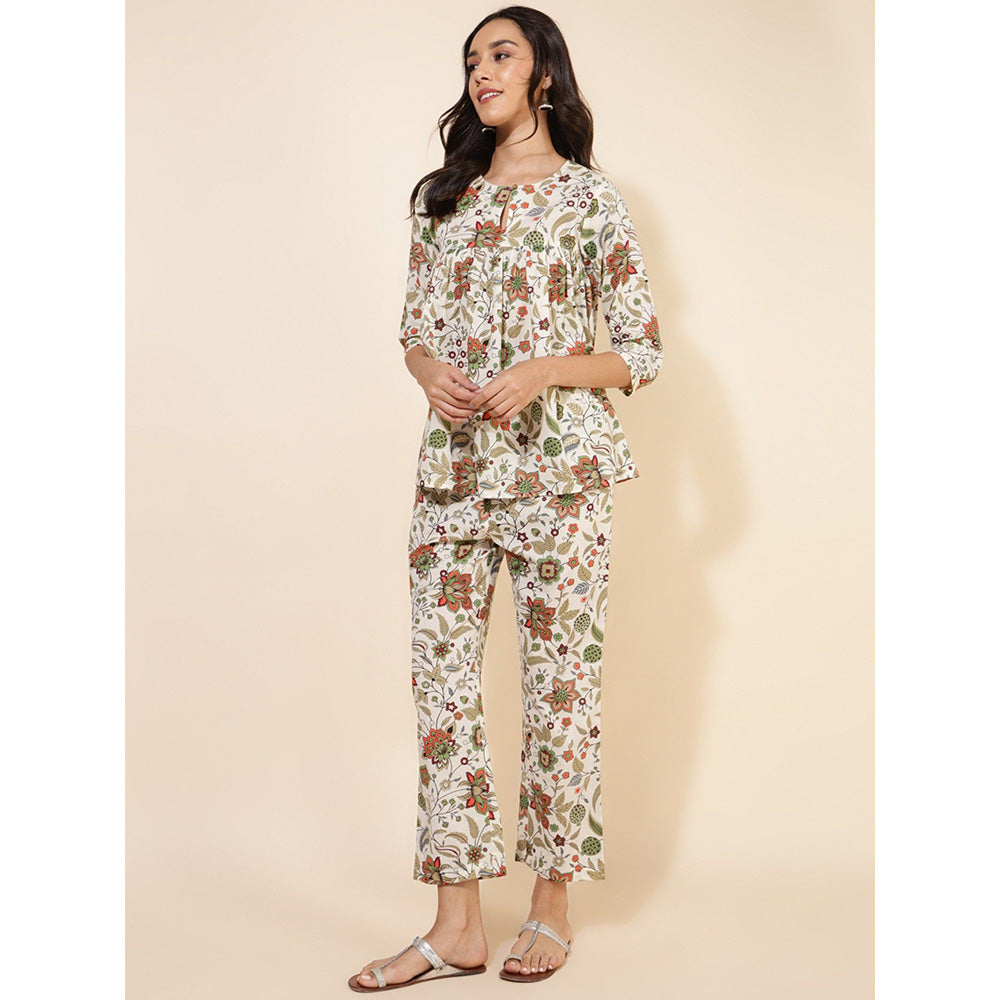 Janasya Womens Off White Cotton Floral Pleated Co-Ord (Set of 2)