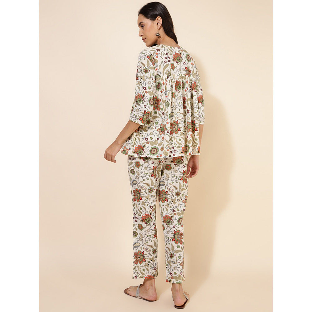 Janasya Womens Off White Cotton Floral Pleated Co-Ord (Set of 2)