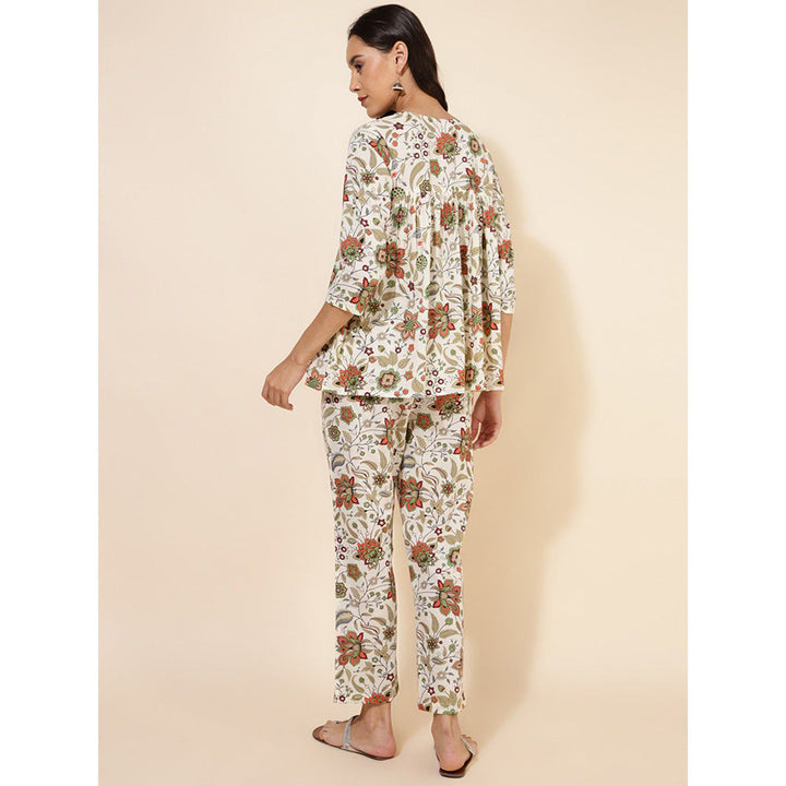 Janasya Womens Off White Cotton Floral Pleated Co-Ord (Set of 2)