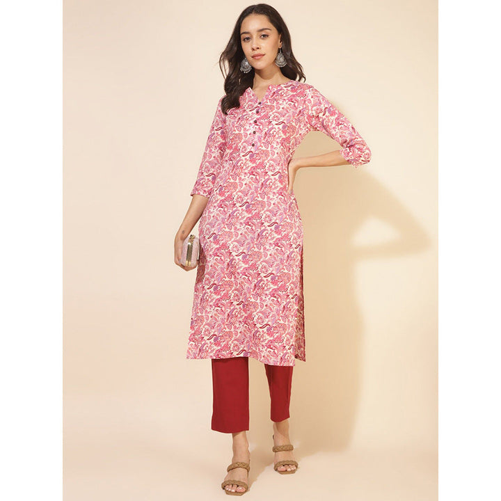 Janasya Womens Pink Cotton Floral Regular Kurta