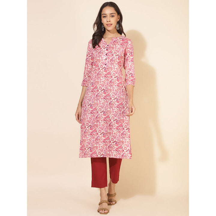 Janasya Womens Pink Cotton Floral Regular Kurta