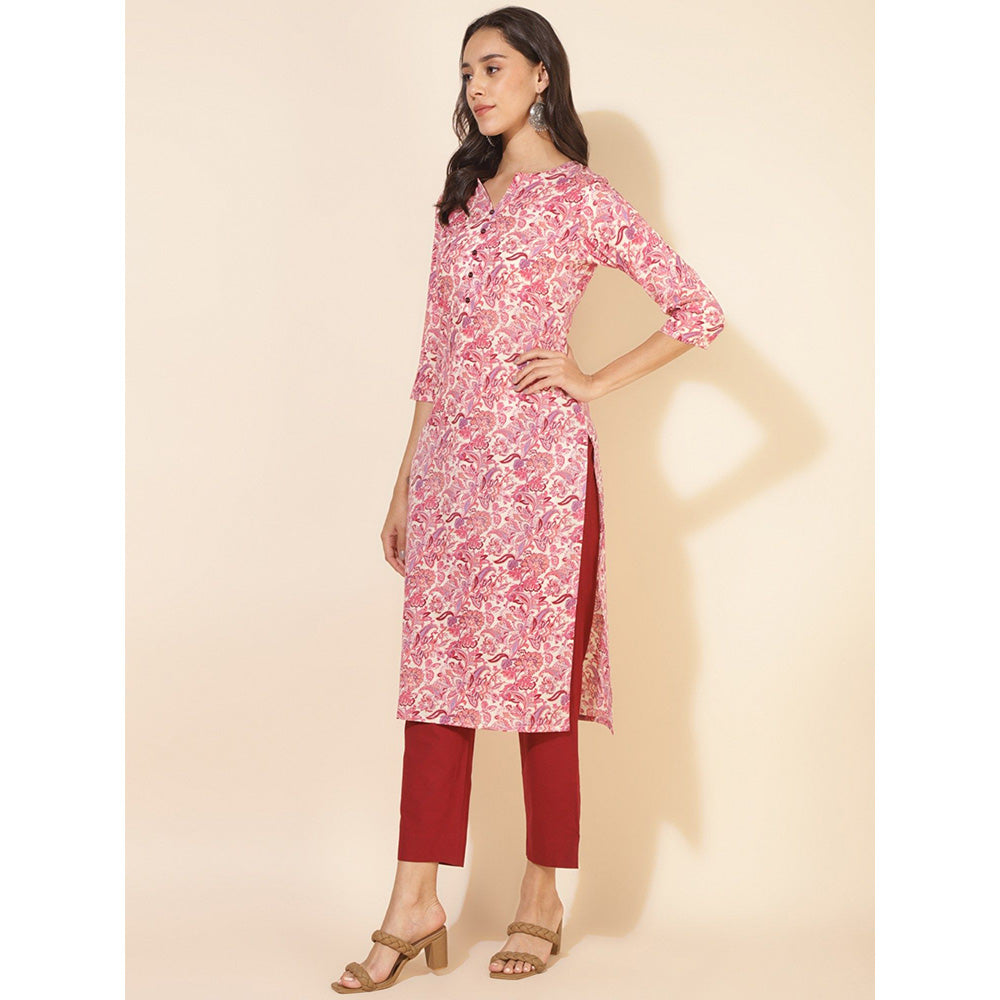 Janasya Womens Pink Cotton Floral Regular Kurta