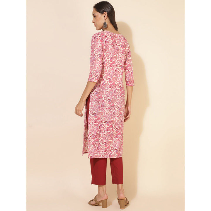 Janasya Womens Pink Cotton Floral Regular Kurta