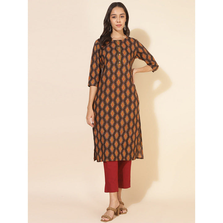 Janasya Womens Brown Cotton Printed Straight Kurta