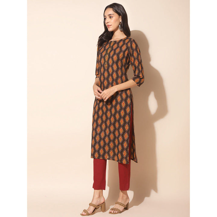 Janasya Womens Brown Cotton Printed Straight Kurta