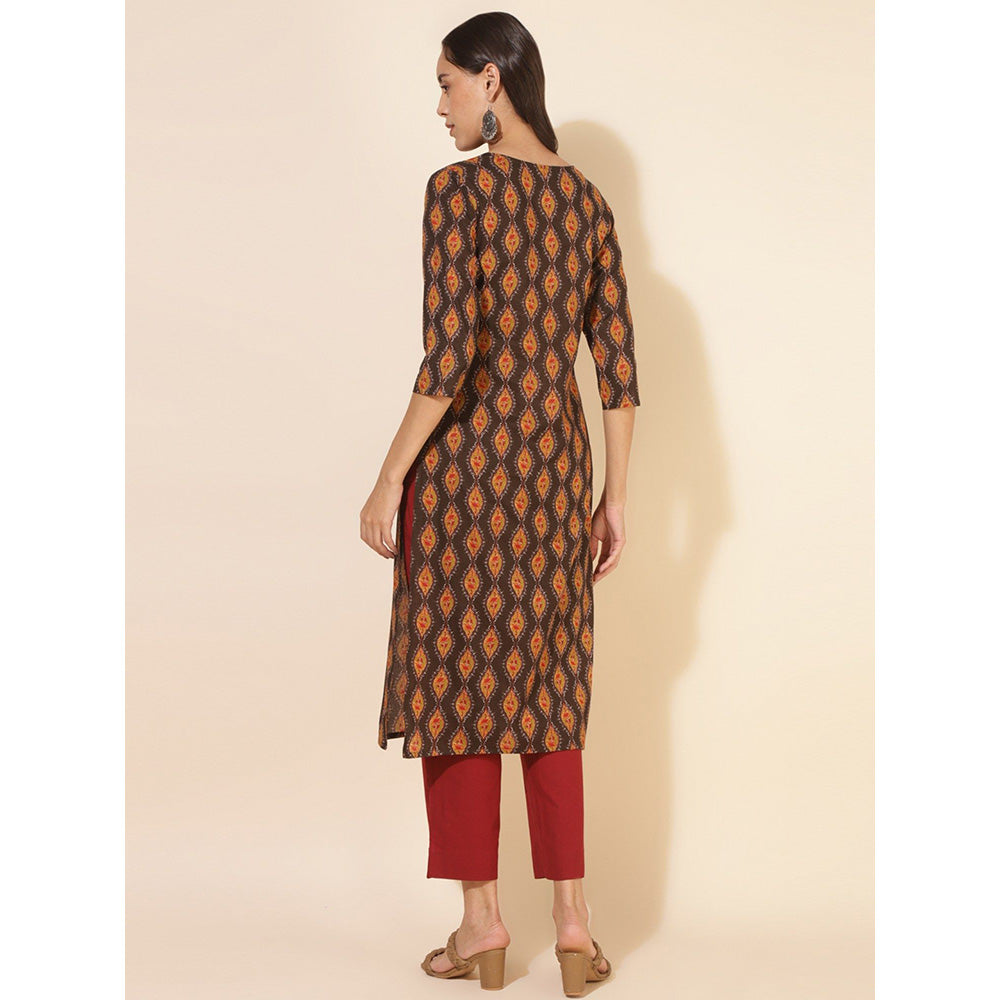 Janasya Womens Brown Cotton Printed Straight Kurta