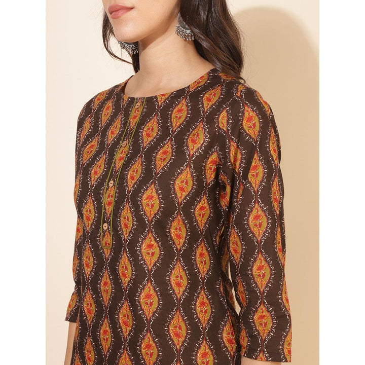 Janasya Womens Brown Cotton Printed Straight Kurta