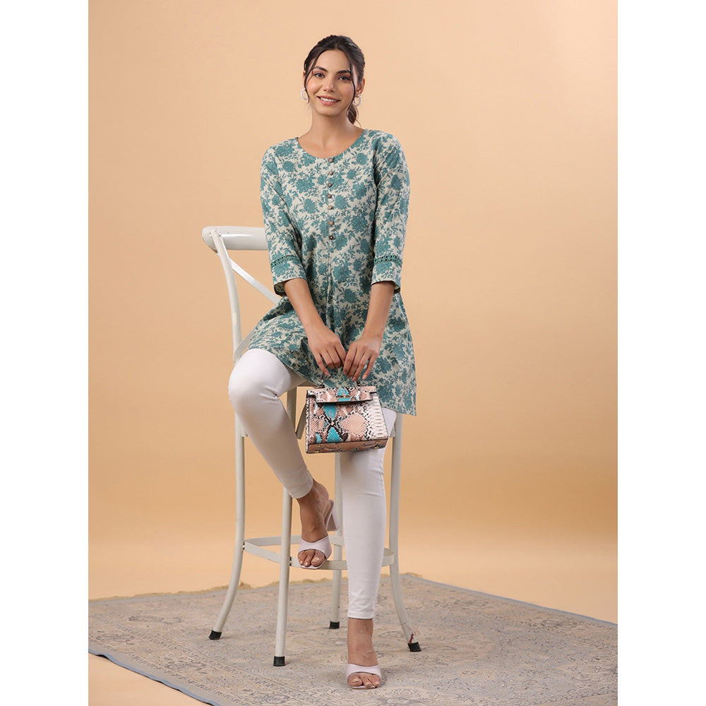 Janasya Womens Sage Green Cotton Floral A-Line Tunic