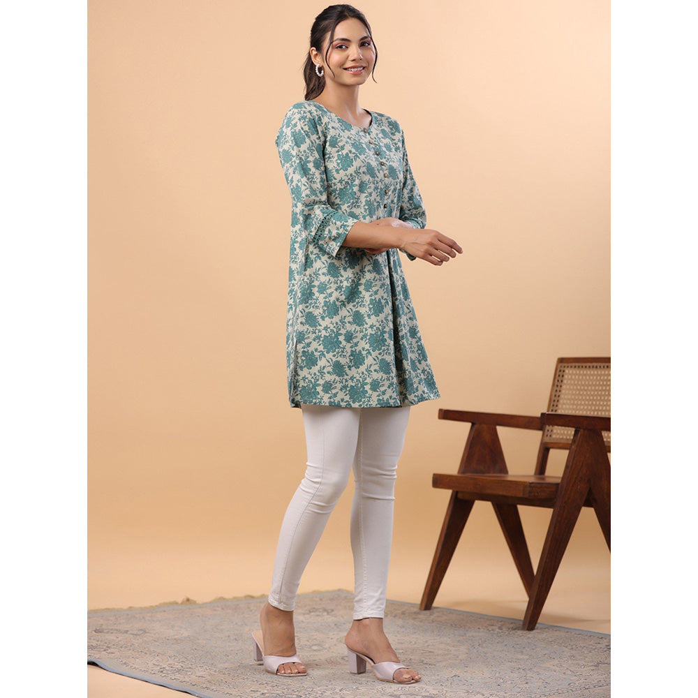 Janasya Womens Sage Green Cotton Floral A-Line Tunic