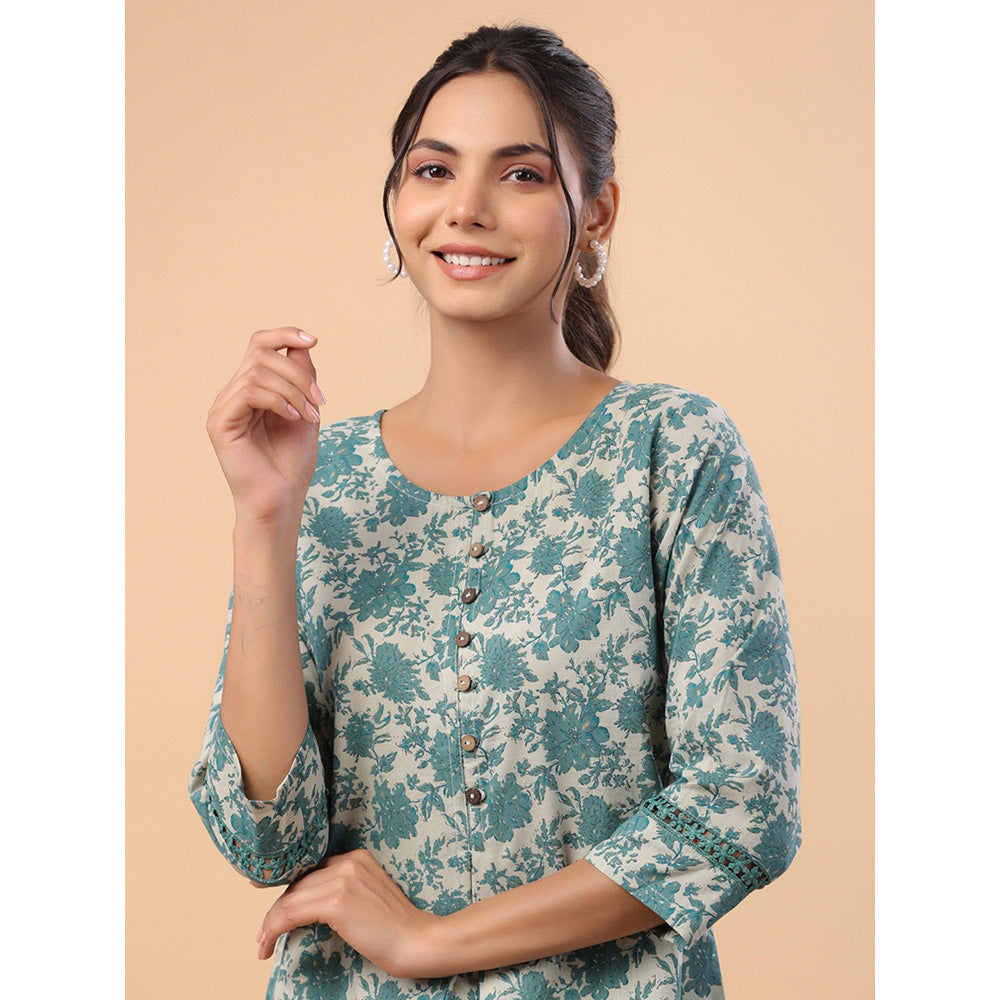 Janasya Womens Sage Green Cotton Floral A-Line Tunic