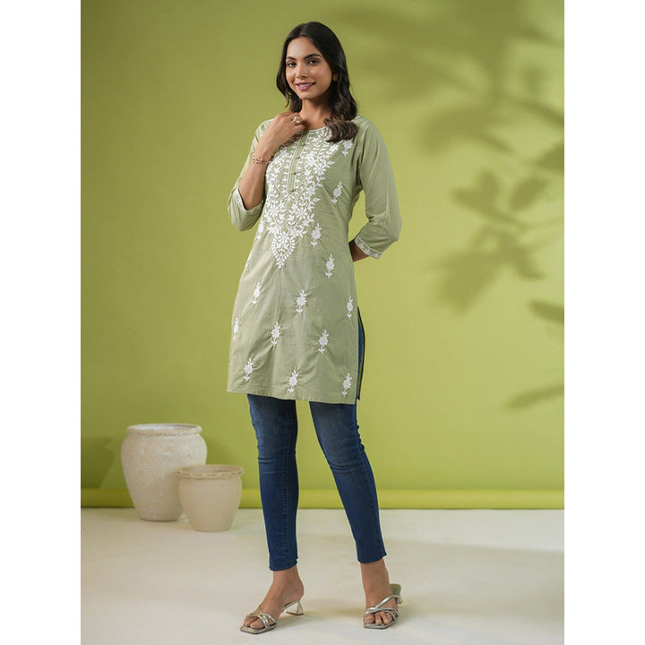 Janasya Womens Sage Green Cotton Chikankari Regular Kurti