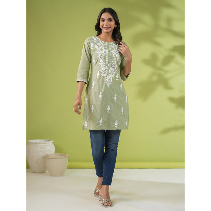 Janasya Womens Sage Green Cotton Chikankari Regular Kurti