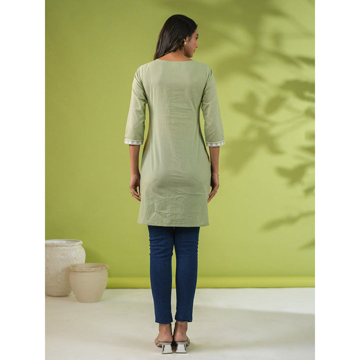 Janasya Womens Sage Green Cotton Chikankari Regular Kurti