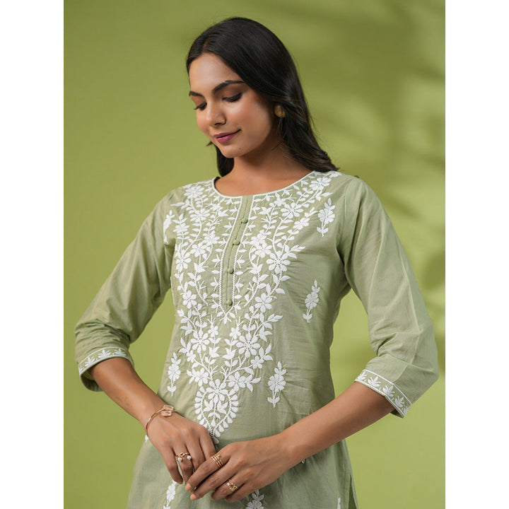 Janasya Womens Sage Green Cotton Chikankari Regular Kurti