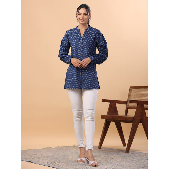 Janasya Womens Navy Blue Cotton Floral A-Line Tunic