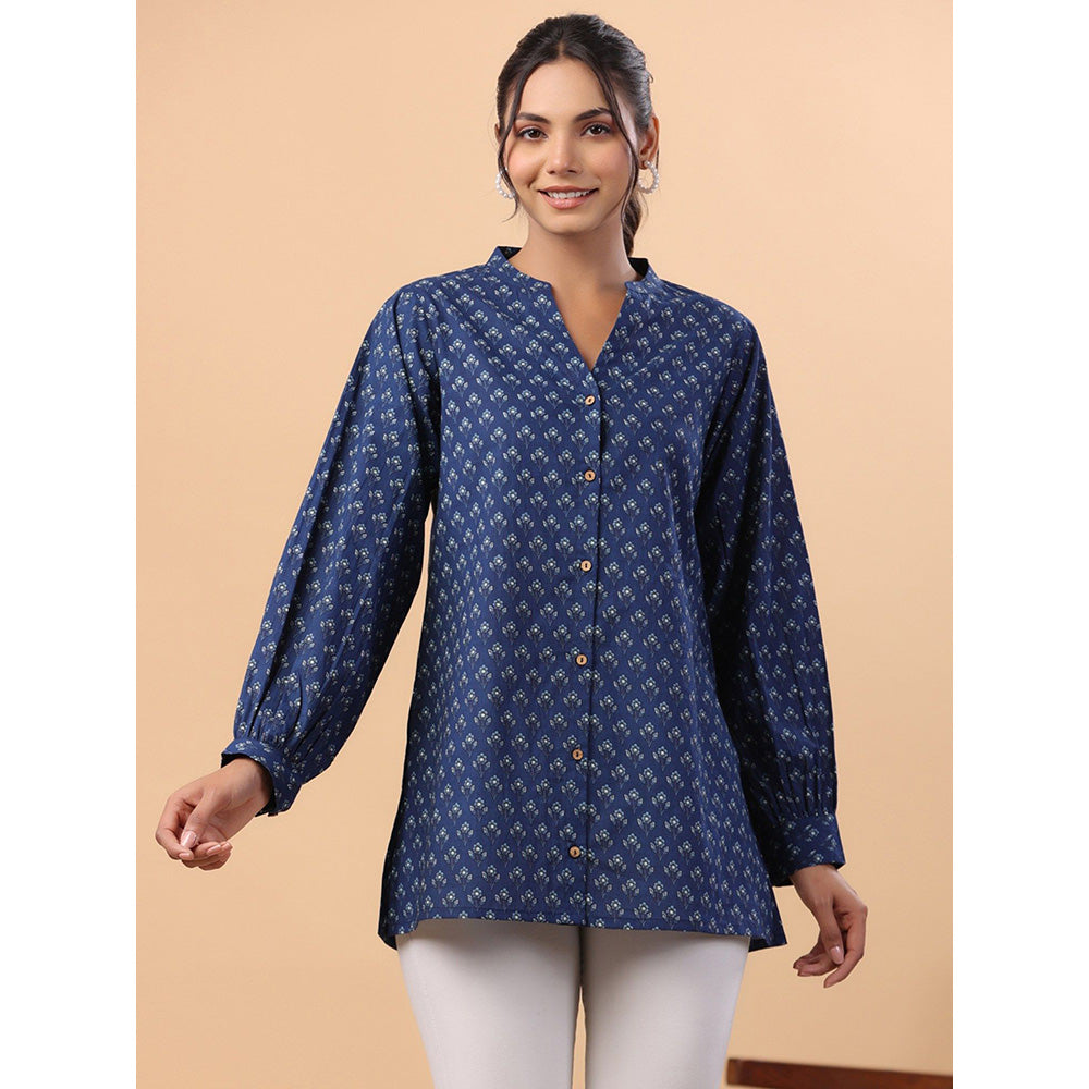 Janasya Womens Navy Blue Cotton Floral A-Line Tunic