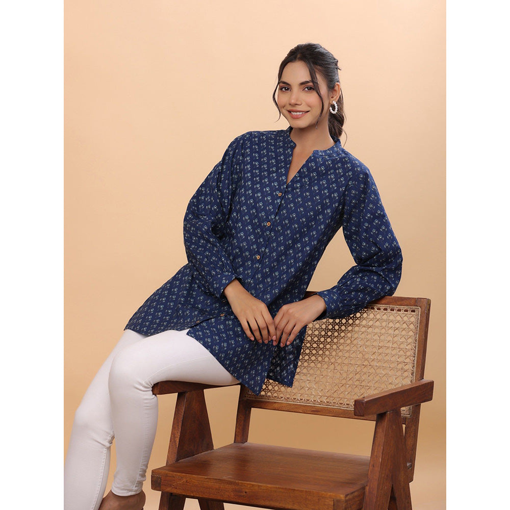 Janasya Womens Navy Blue Cotton Floral A-Line Tunic