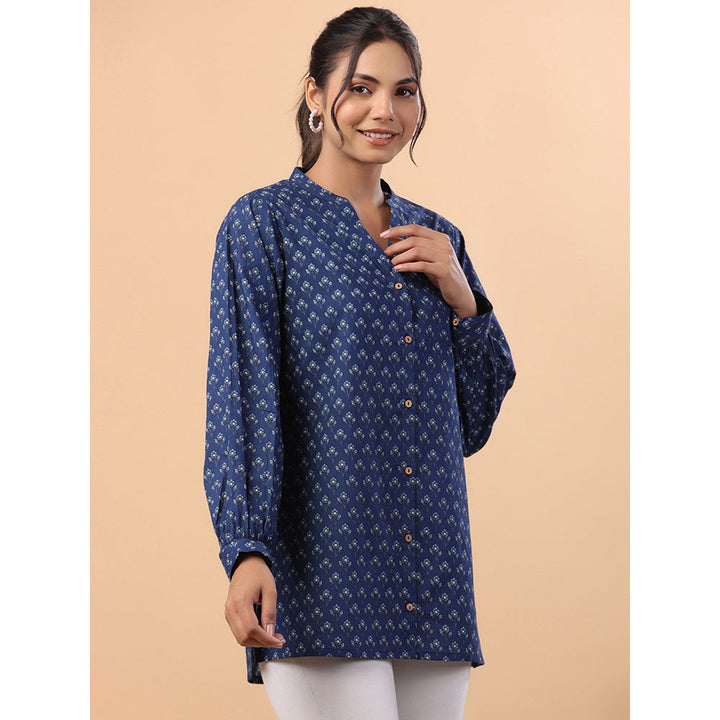 Janasya Womens Navy Blue Cotton Floral A-Line Tunic