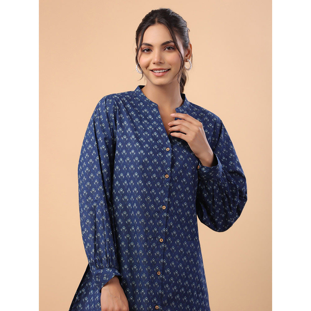 Janasya Womens Navy Blue Cotton Floral A-Line Tunic