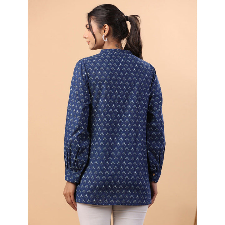 Janasya Womens Navy Blue Cotton Floral A-Line Tunic