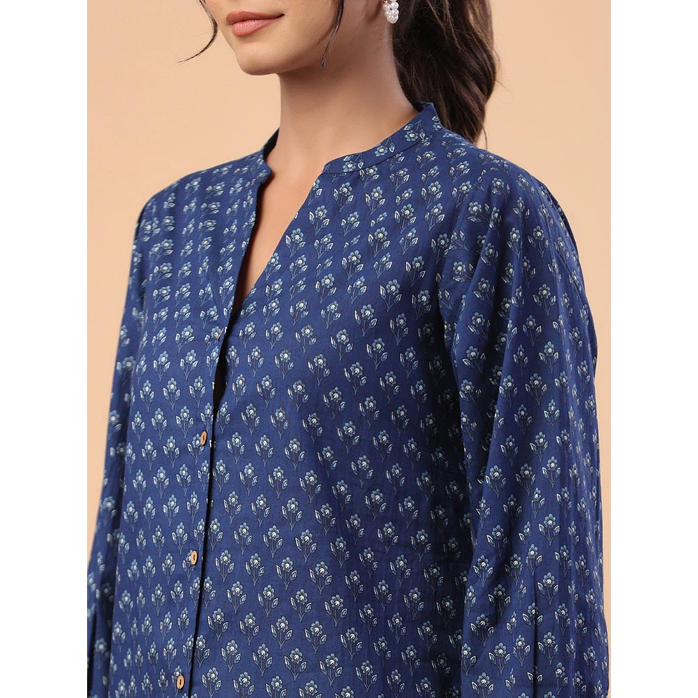 Janasya Womens Navy Blue Cotton Floral A-Line Tunic